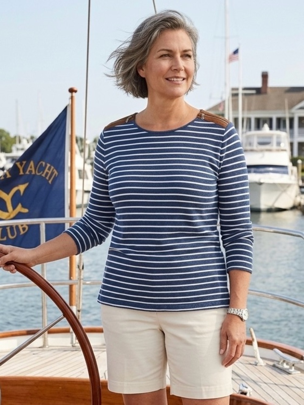 Lauren Ralph Lauren Navy & White Striped Long Sleeve Zipper Shoulder Top Size 2X
